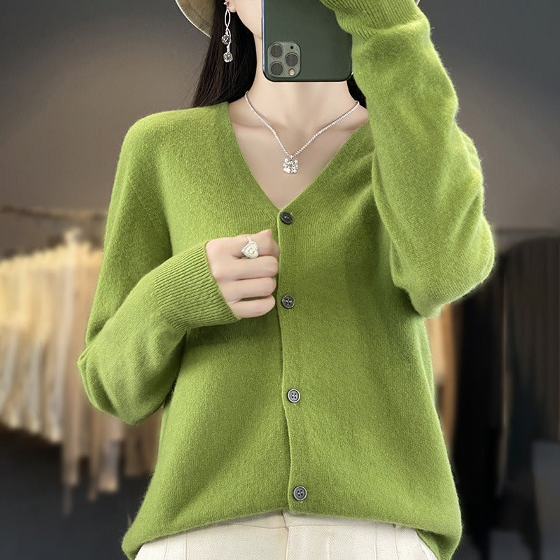Women's wool knit cardigan relaxed fit V-neck button front layering essential in classic neutral tone