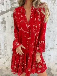 Boho women's flared dress with lace bell sleeves, tiered hem, and A-line silhouette in cotton blend