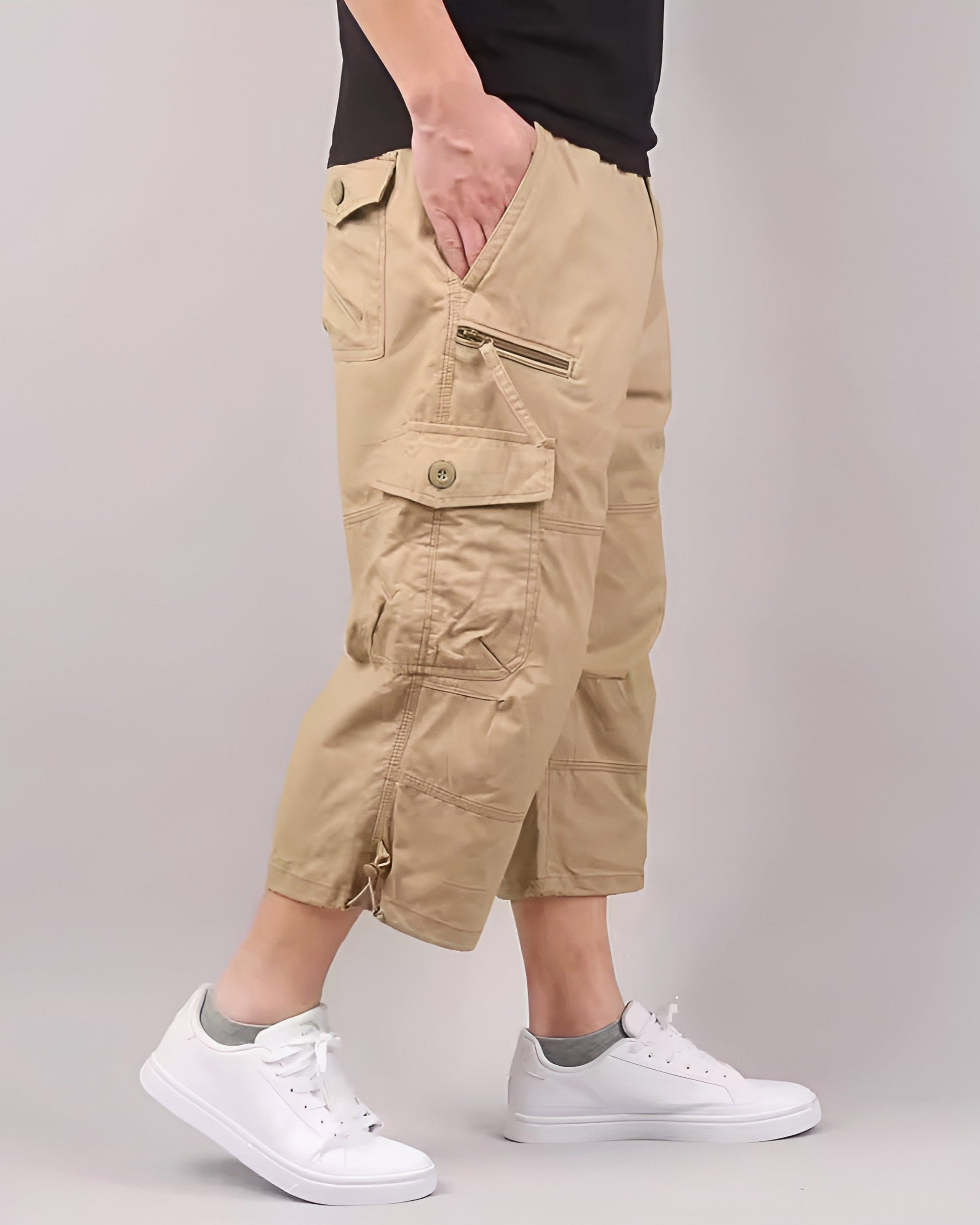 Men's terrain cargo shorts garment-washed cotton relaxed knee-length fit with dual flap pockets