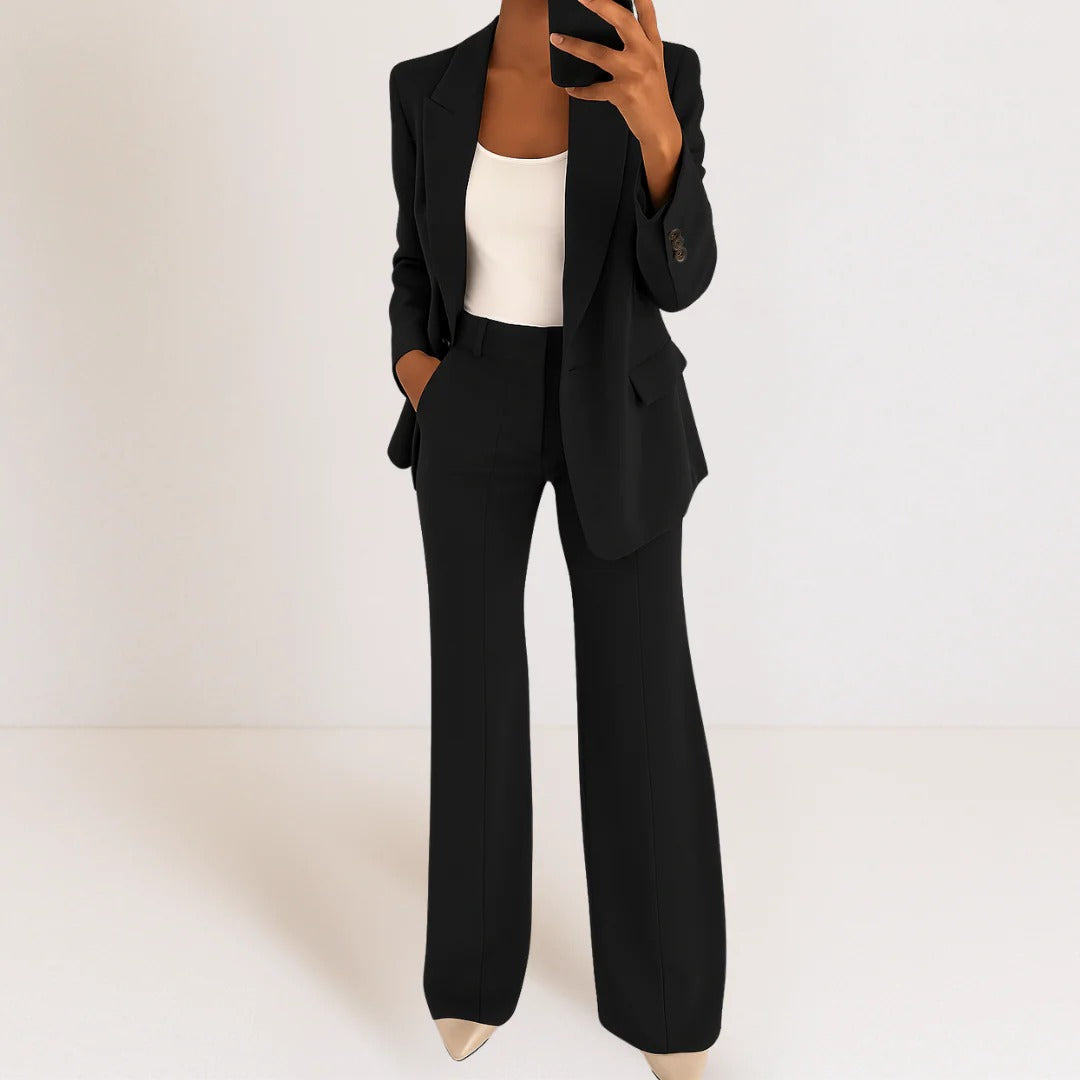 Women's black blazer and pants set tailored silhouette breathable polyester fabric professional two-piece suit