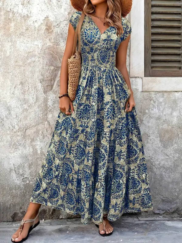 Sienna | Women's Smocked Boho Print Tiered Maxi Dress