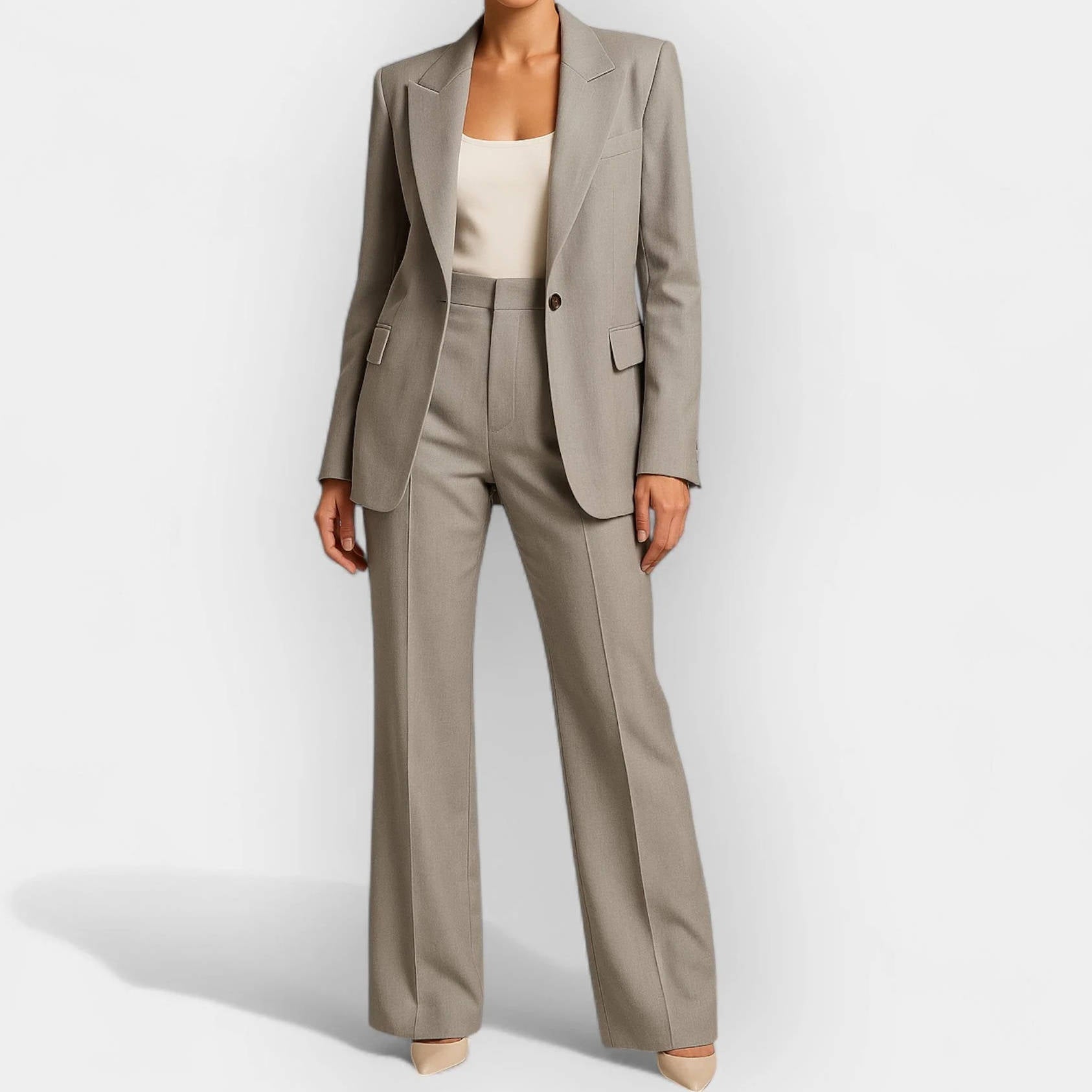 Women's navy blue tailored 2-piece pant suit with single-button blazer for professional wear