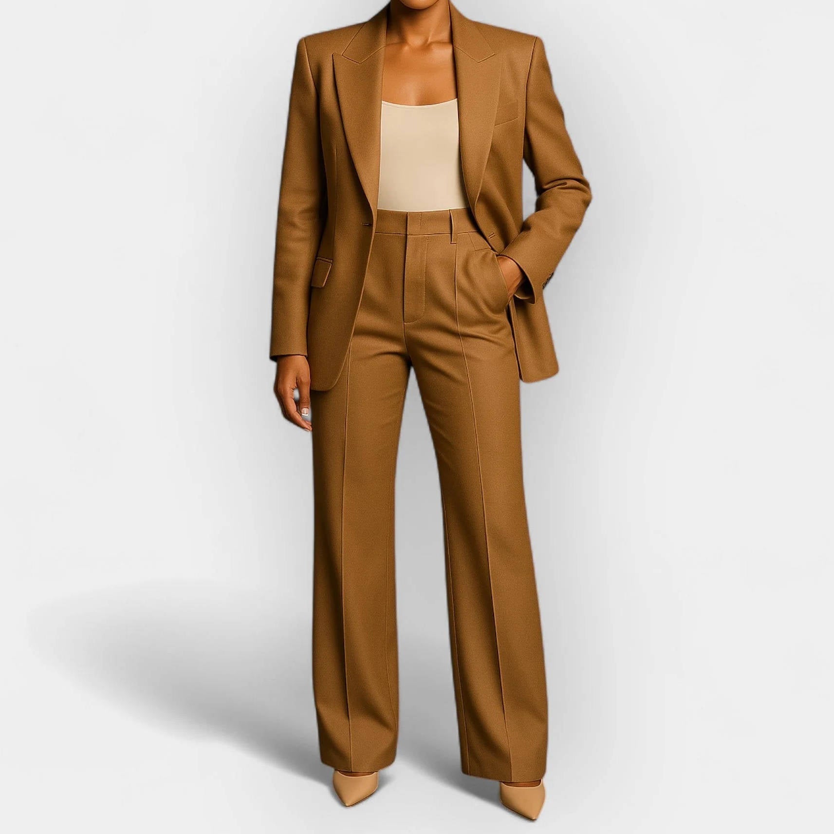 Women's navy blue tailored 2-piece pant suit with single-button blazer for professional work wear