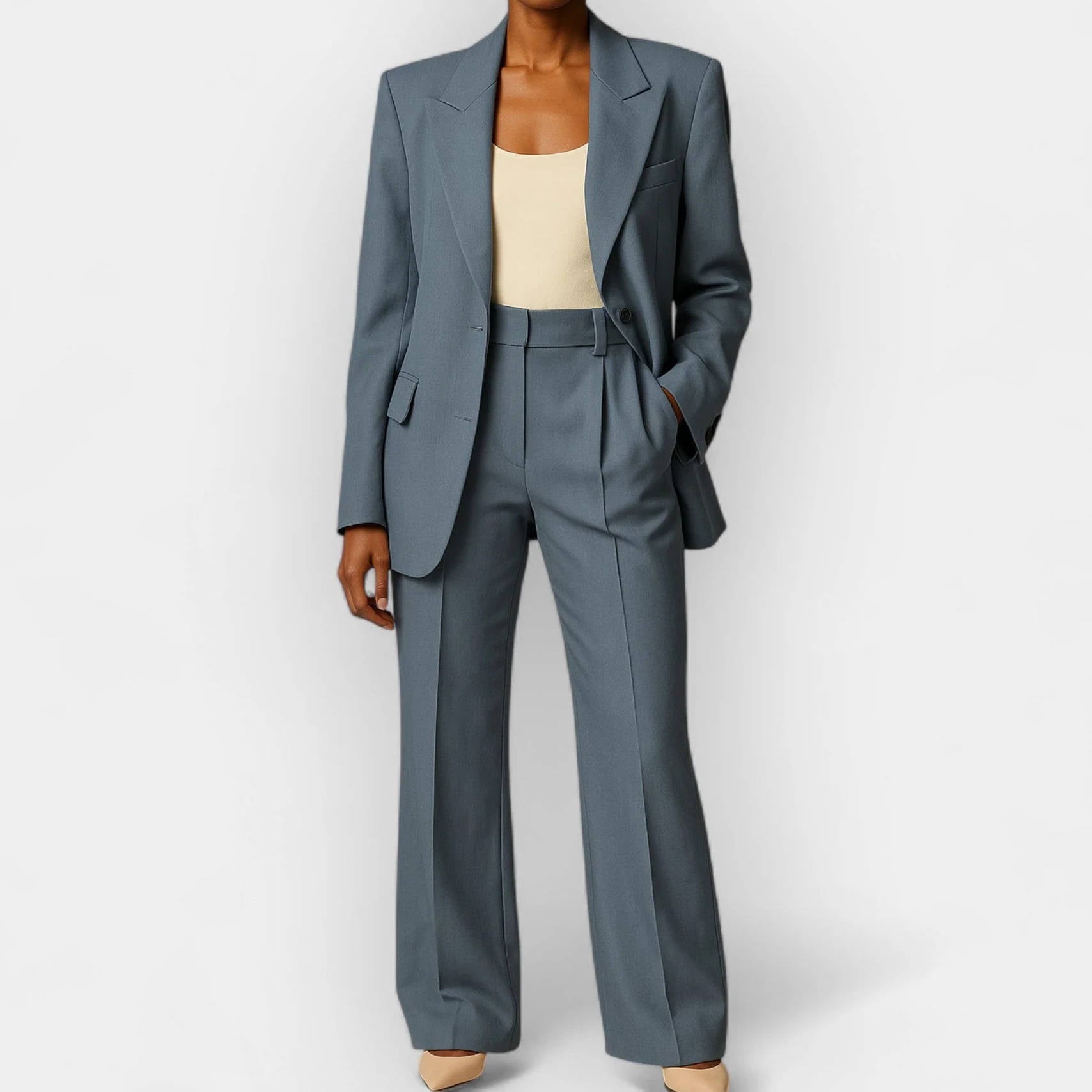 Women's navy blue tailored 2-piece pant suit with single-button blazer for professional work wear