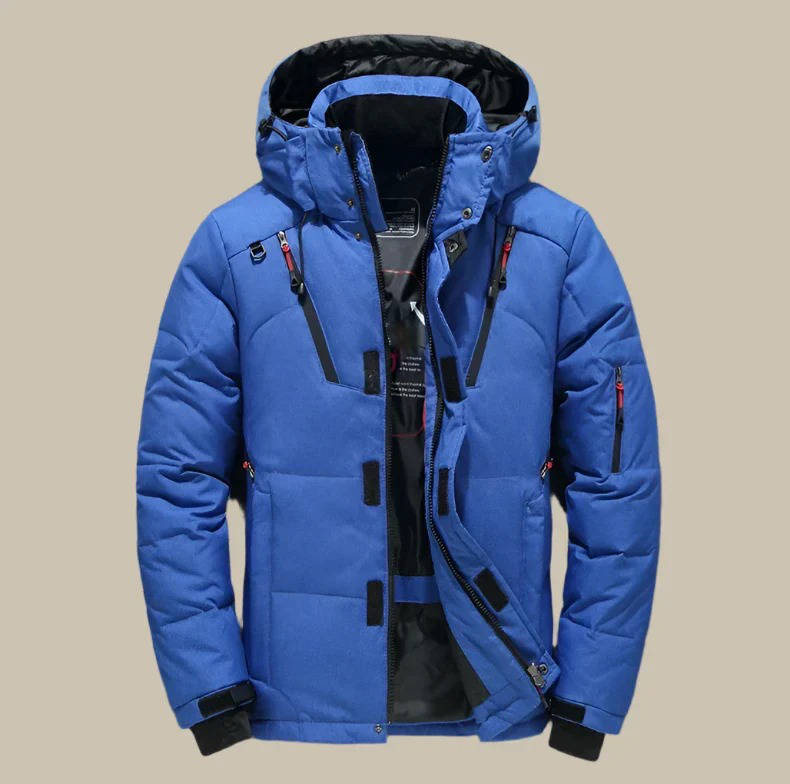 Black insulated winter jacket with hood, weather-resistant shell, thermal fit for cold outdoor adventures