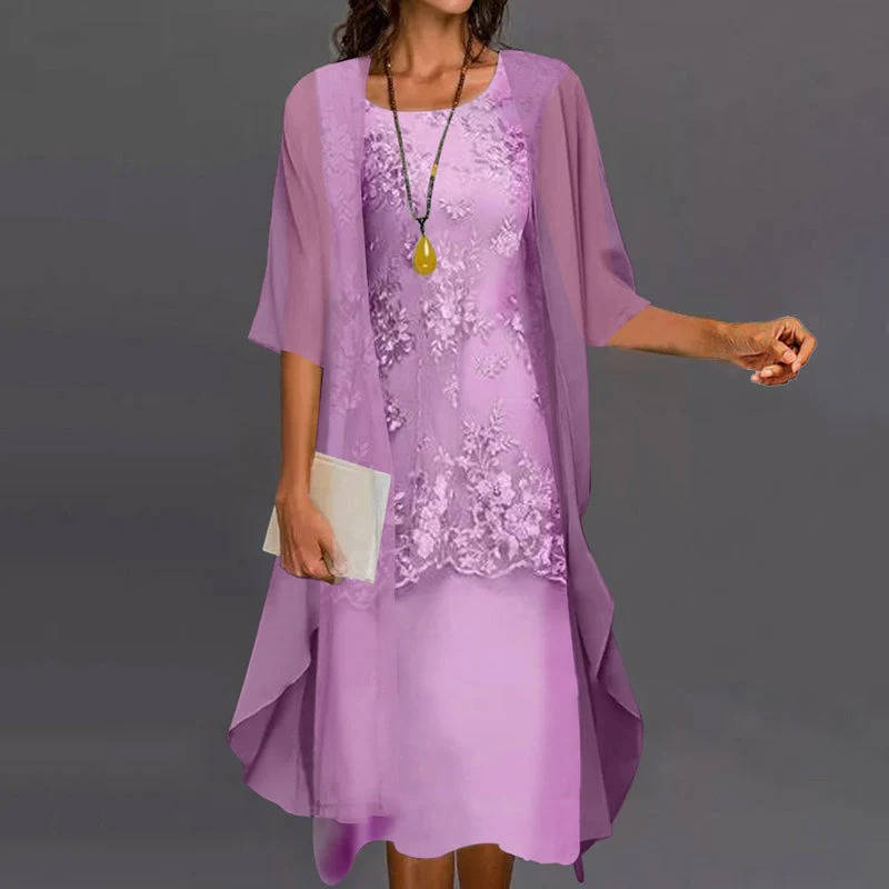 Elegant two-piece chiffon jacket midi dress set for mother of bride in soft neutral tones