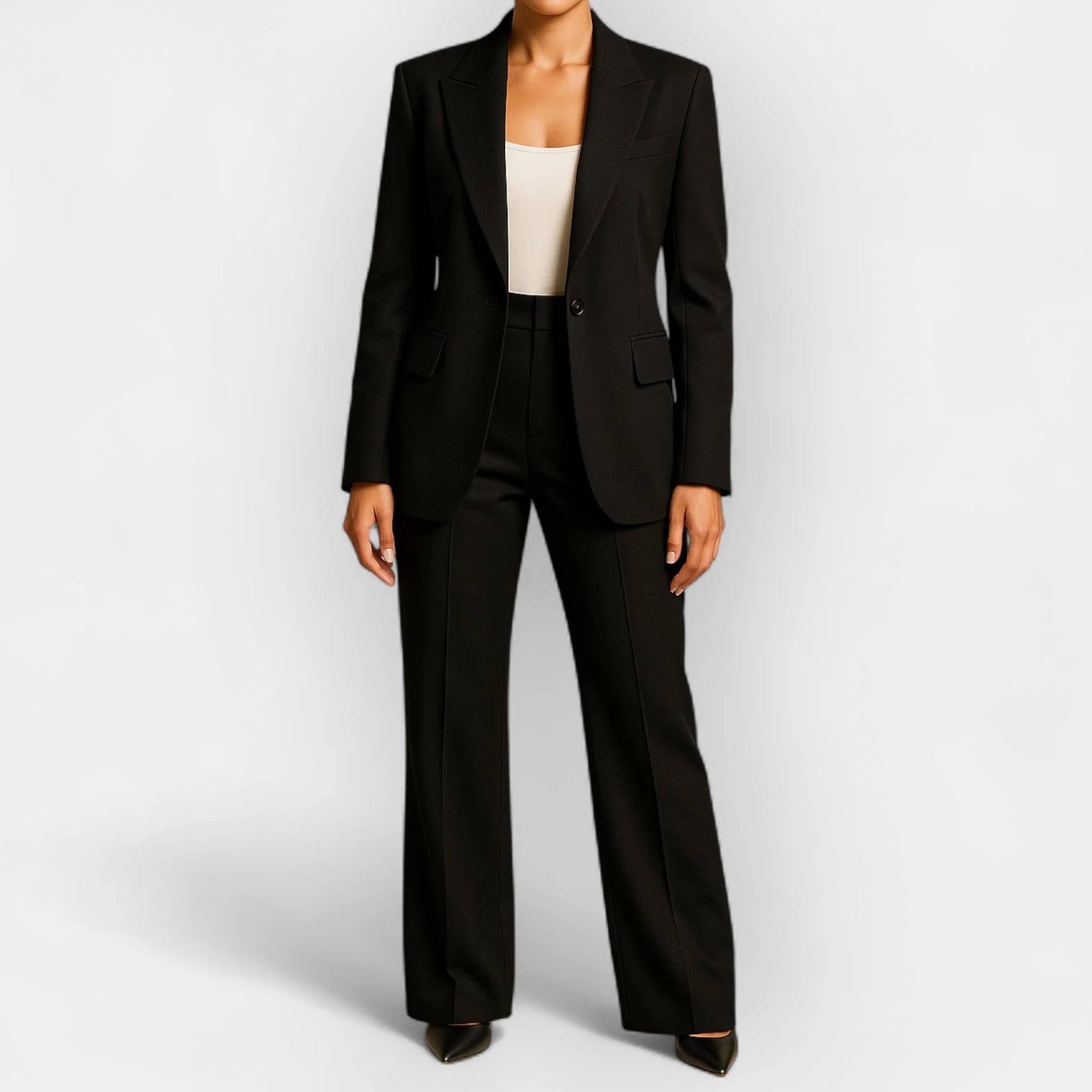 Women's navy blue tailored 2-piece pant suit with single-button blazer for professional wear