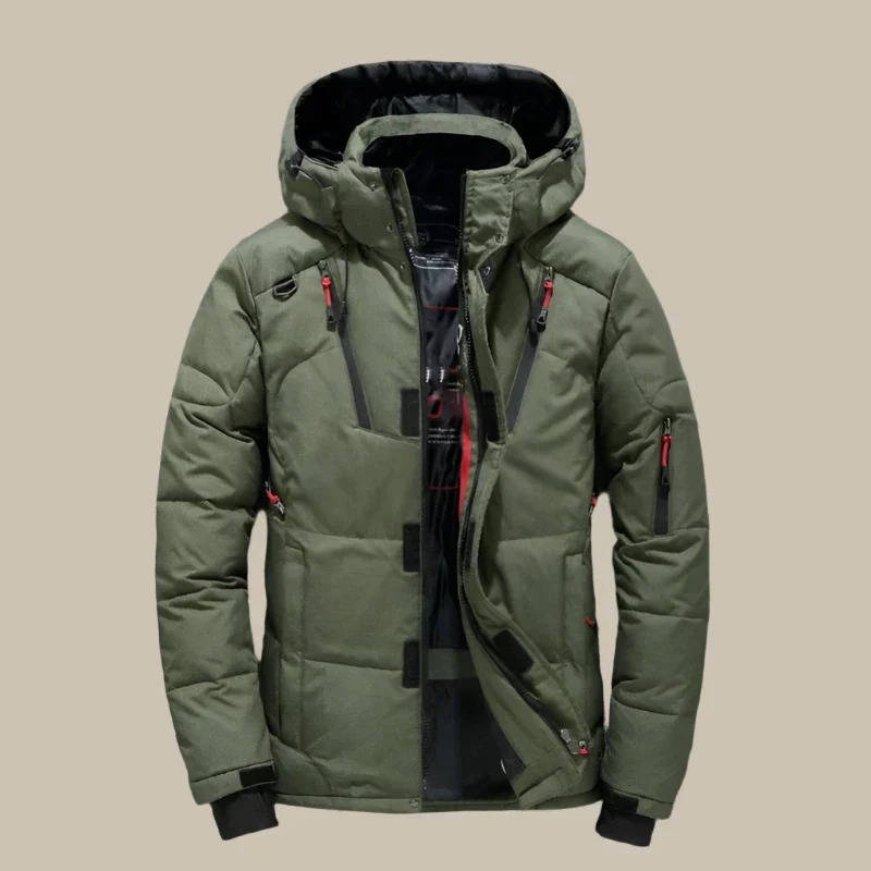 Black insulated winter jacket with hood, weather-resistant shell for cold outdoor adventures