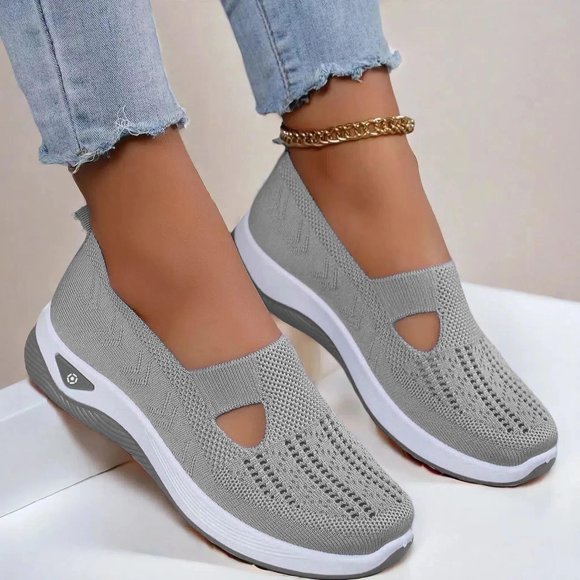 Women's slip-on orthopedic shoes beige breathable knit upper ergonomic arch support non-slip sole