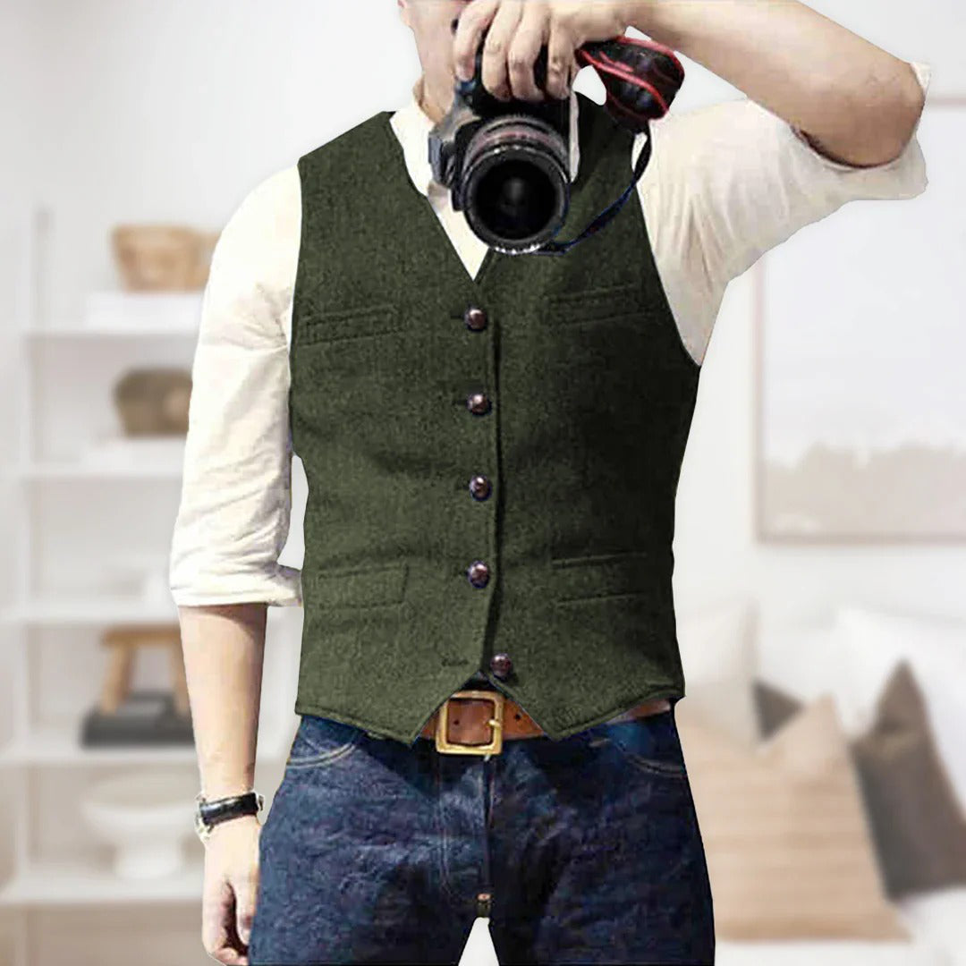 Men's slim-fit wool herringbone waistcoat vest in neutral tone, smart casual layering piece