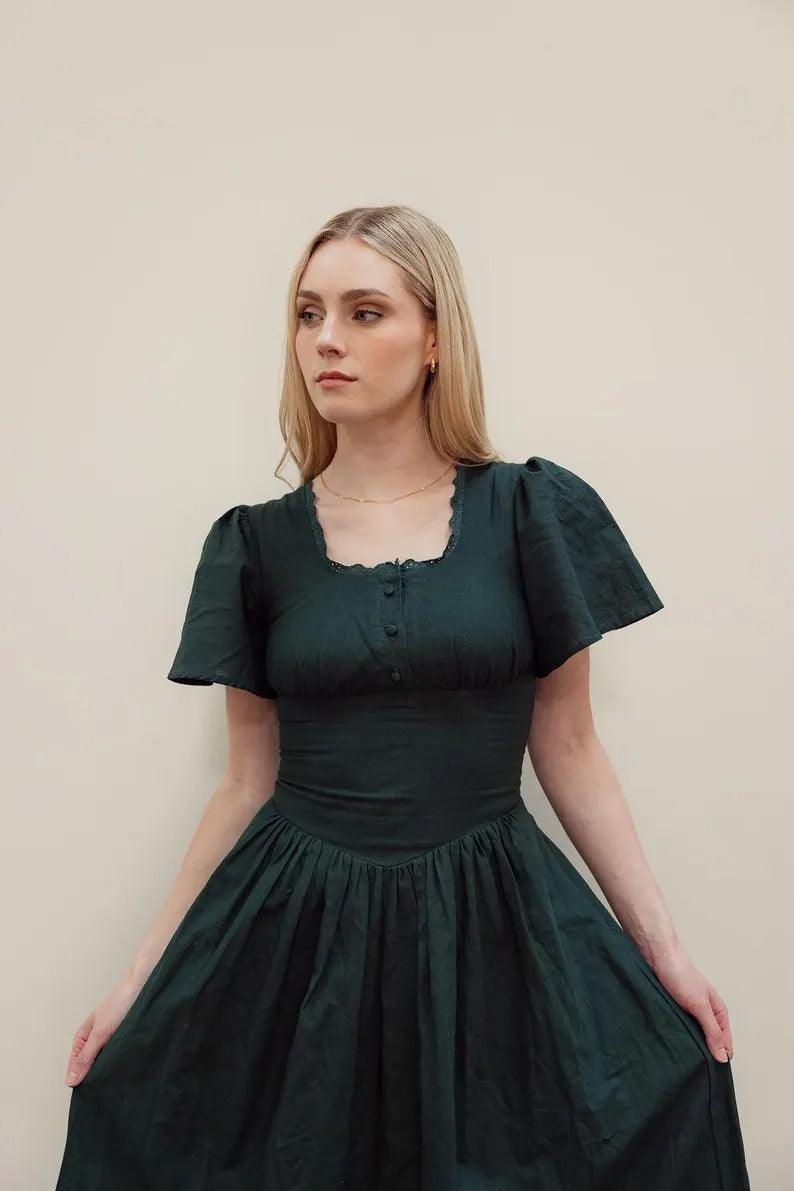 Forest green linen midi dress with adjustable corset back, structured silhouette for women