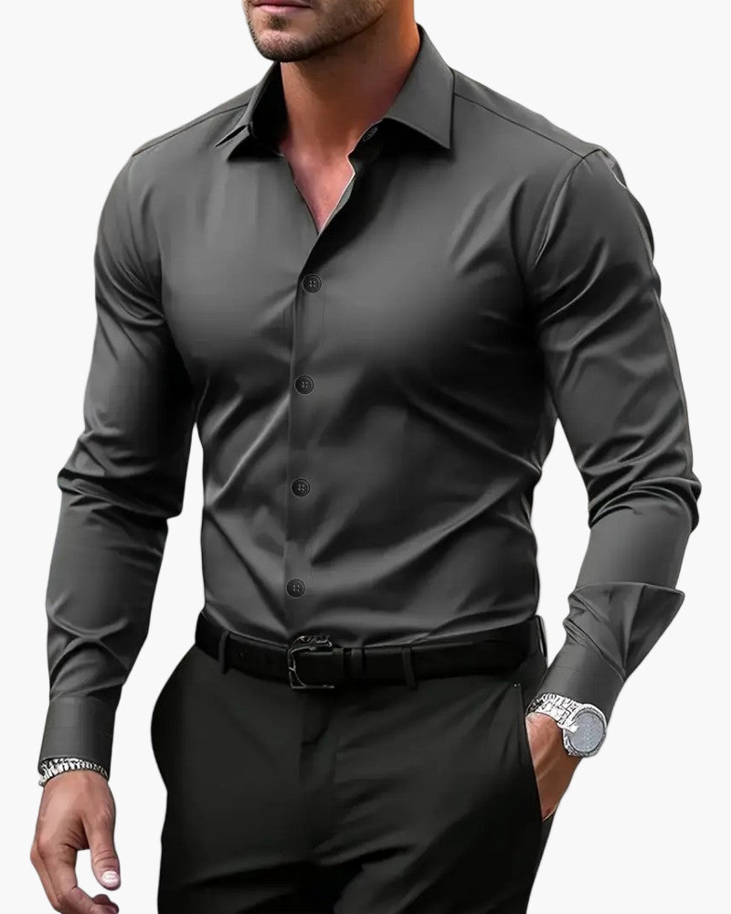 Men's slim fit white long sleeve business shirt with wrinkle-resistant tailored cut for office wear