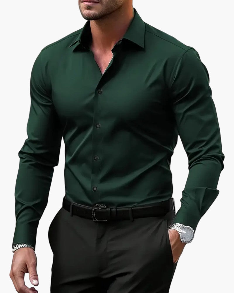 Men's slim fit white long sleeve dress shirt with wrinkle-resistant fabric for office professionals