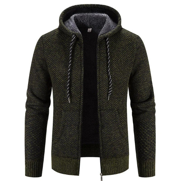 Men's gray hooded cardigan relaxed fit knit texture full-zip soft interior modern style