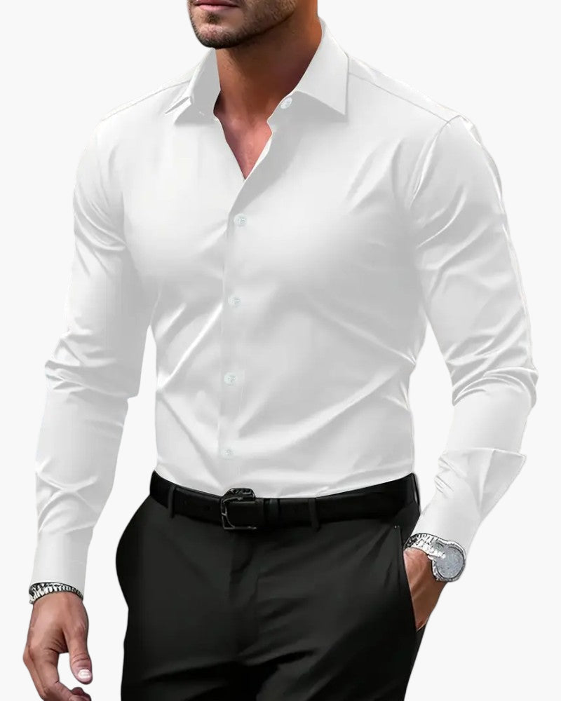 Men's slim fit white long sleeve business shirt with modern tailored cut and wrinkle-resistant fabric