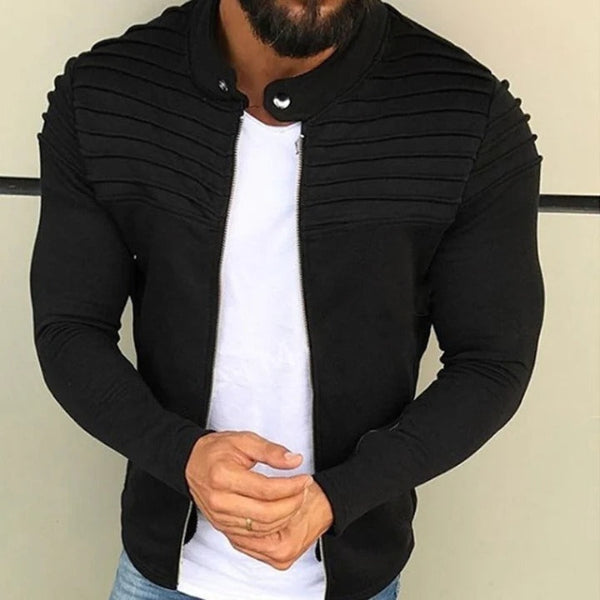 Men's slim fit jacket with high collar zipper, rib details, breathable cotton blend, modern urban style