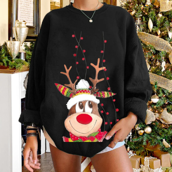 Women's soft knit pullover sweater relaxed fit with festive reindeer graphic, cozy holiday style