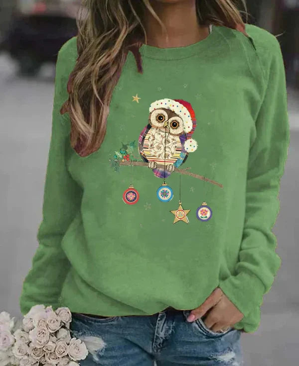 Women's relaxed-fit Christmas sweatshirt soft cotton blend cozy owl motif festive winter style
