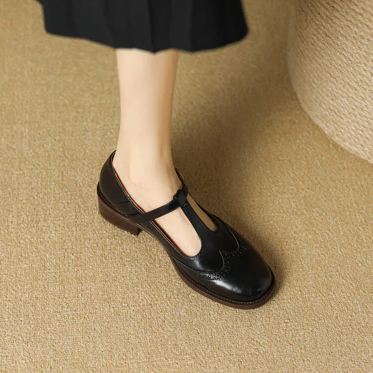 Women's genuine leather Mary Janes T-strap silhouette polished sheen timeless feminine comfort