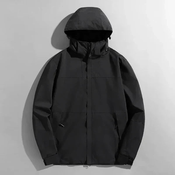 Men's regular fit windproof outdoor jacket with detachable hood, water-resistant layer for hiking