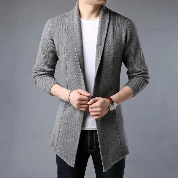 Men's wool knit cardigan open front shawl collar regular fit versatile layering sweater