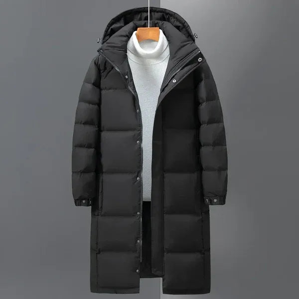 Men's oversized longline hooded puffer coat ultra-warm quilted down insulation urban winter jacket