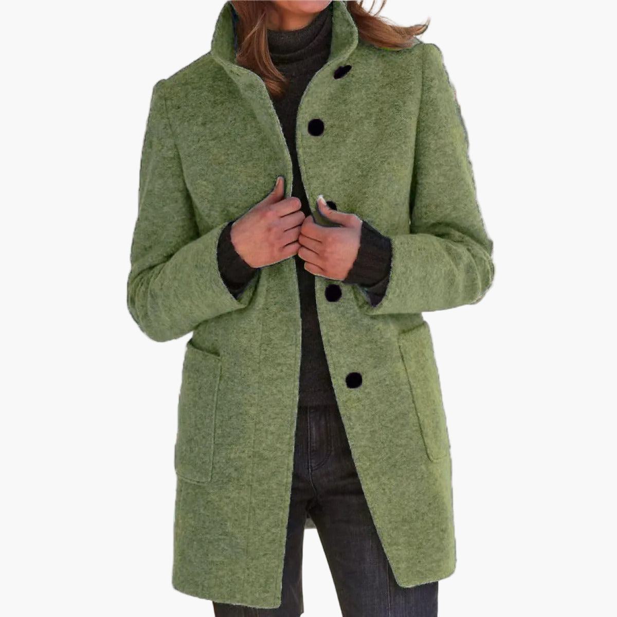 Women's straight-fit city coat with stand-up collar in classic autumn-winter style, windproof elegance