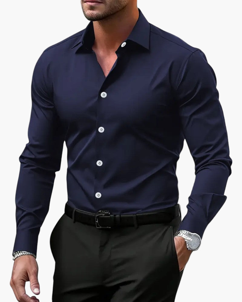 Men's slim fit white long sleeve dress shirt, tailored cut with wrinkle-resistant fabric for office wear
