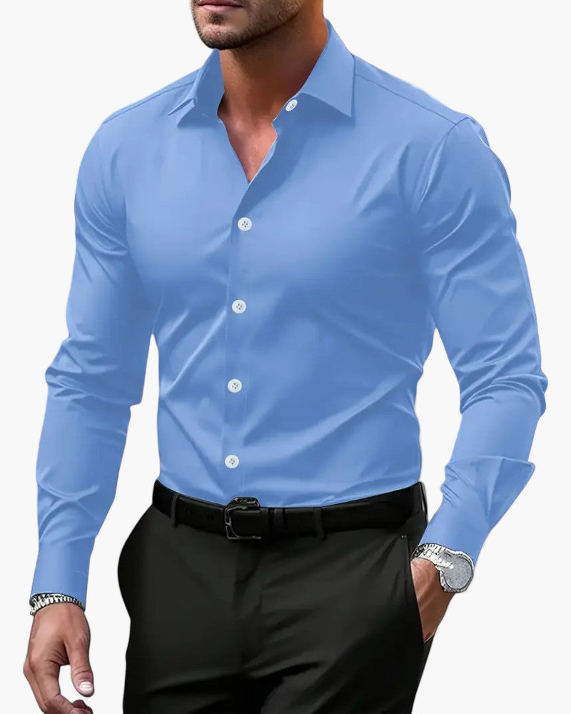 Men's slim fit white long sleeve business shirt with wrinkle-resistant tailored silhouette for office