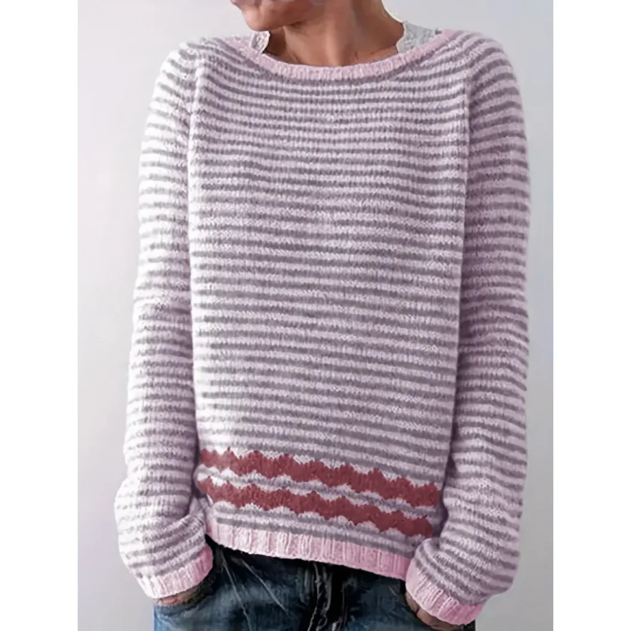 Women's wool-blend striped pullover sweater, relaxed fit long sleeve casual knit in neutral tones
