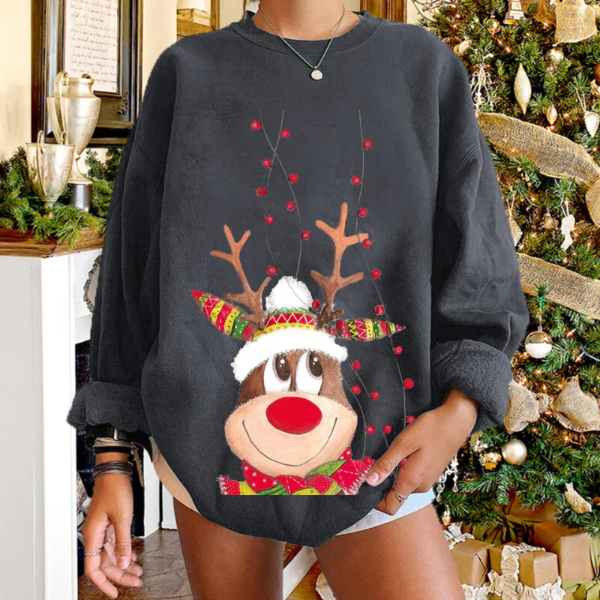 Women's relaxed-fit soft knit pullover sweater with festive reindeer graphic for cozy holiday style