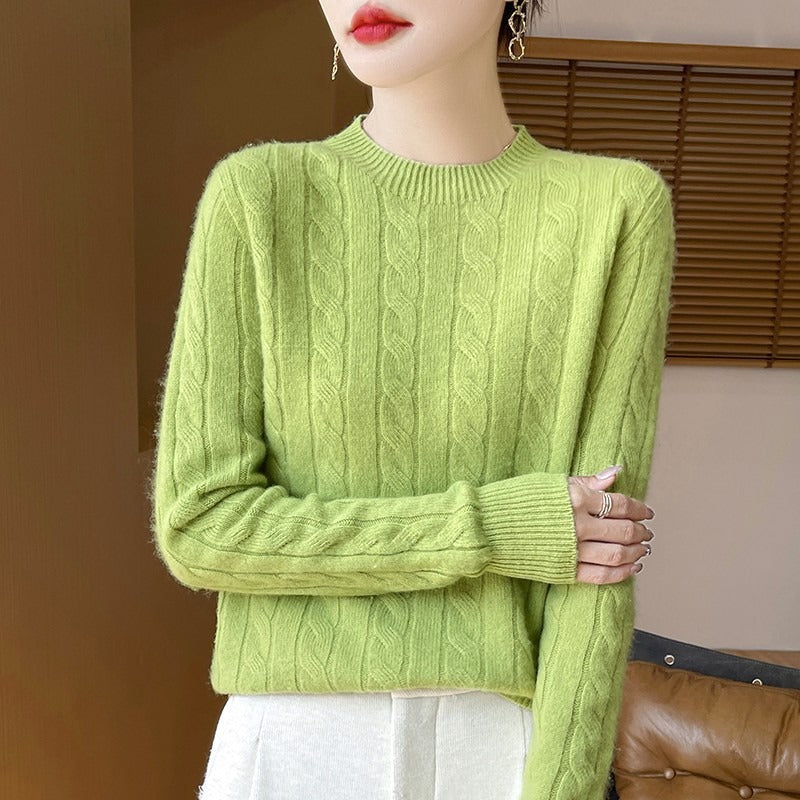 Women's wool cable knit pullover sweater relaxed fit long sleeve cozy autumn style