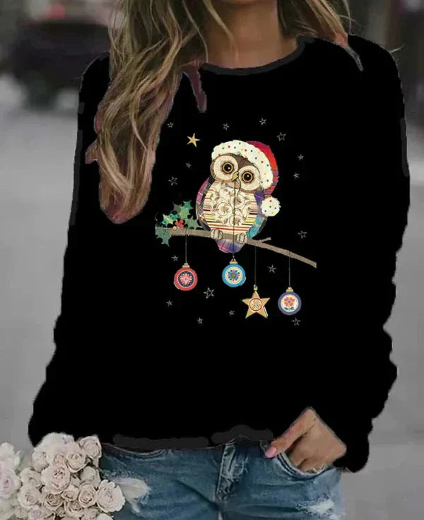 Women's relaxed fit cotton-blend crew neck sweatshirt with festive owl print for cozy autumn style