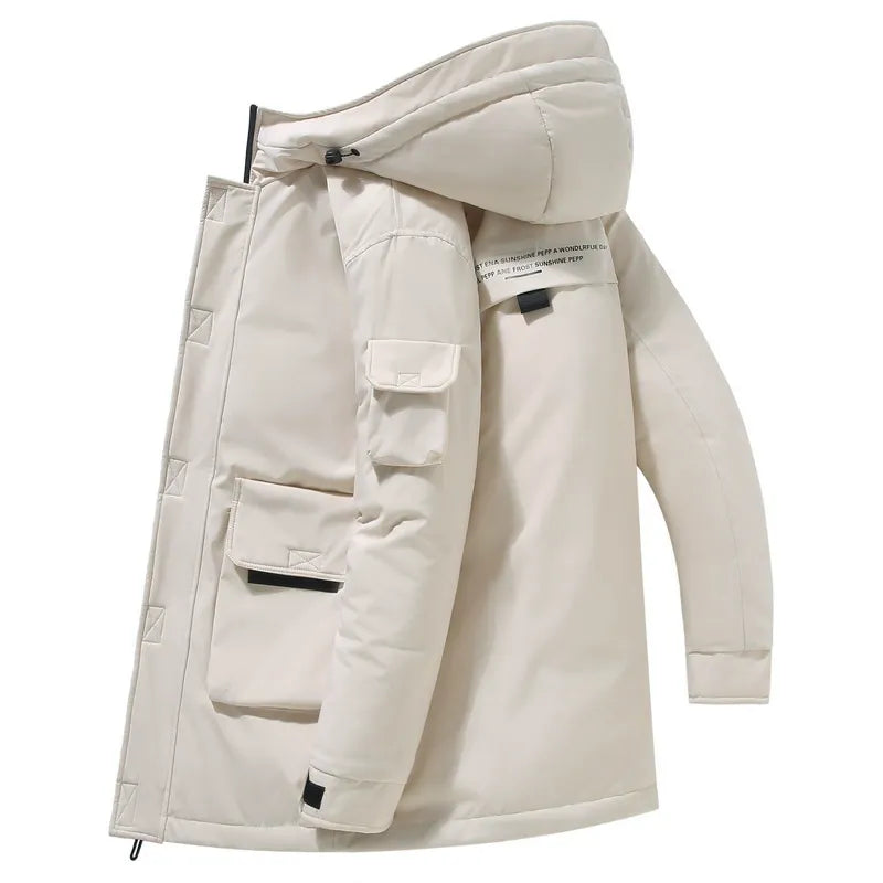 Men's mid-length padded hooded jacket regular fit with patch pockets and adjustable cuffs