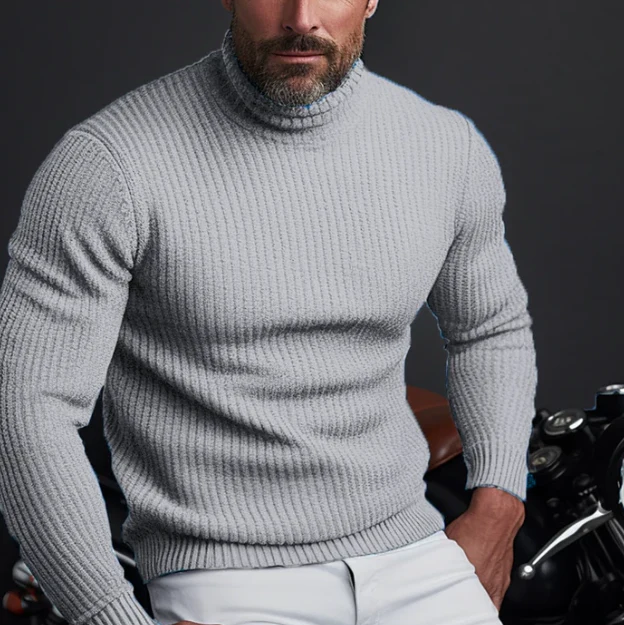 Men's slim fit ribbed knit turtleneck sweater in warm wool, tailored silhouette for style-conscious wear