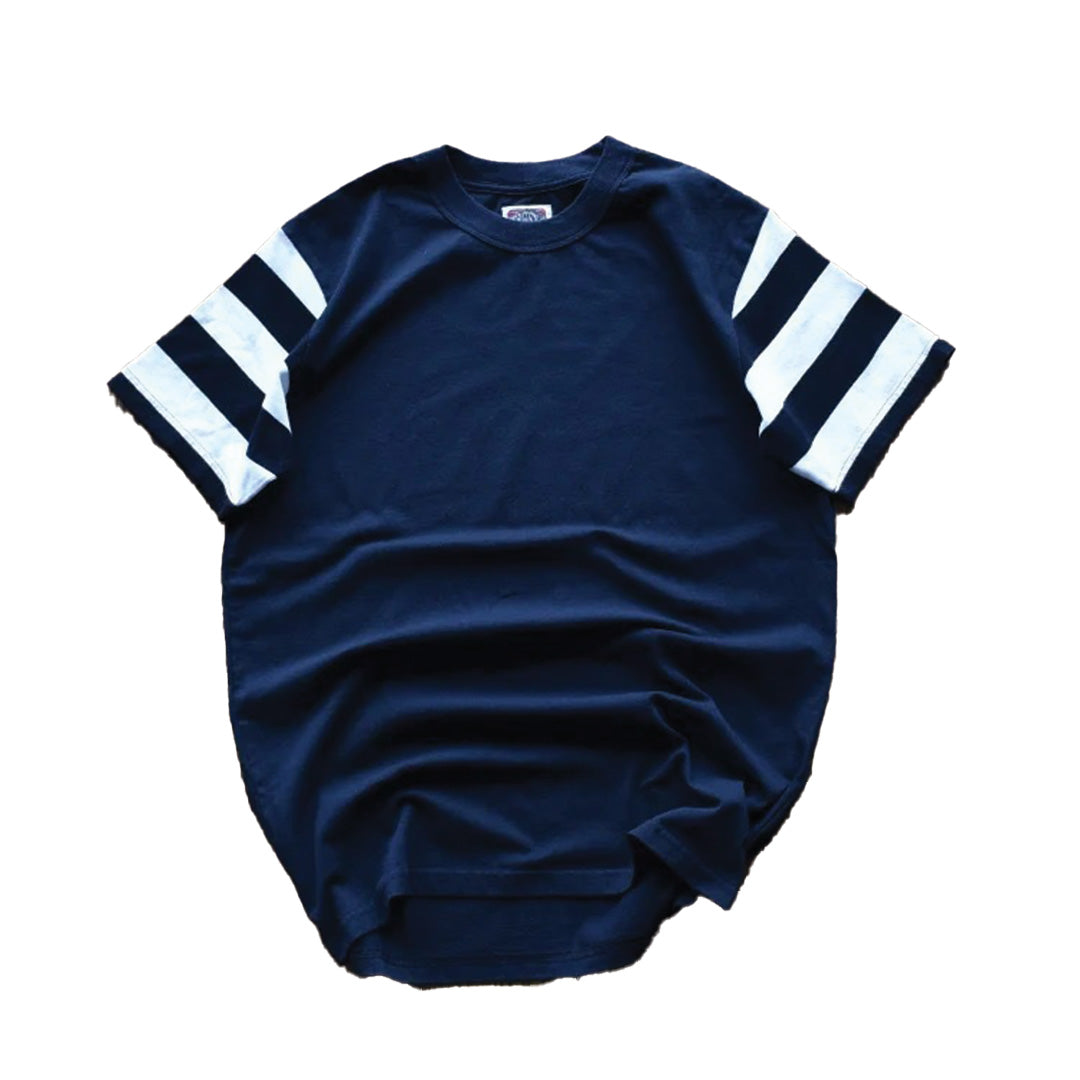 Relaxed fit striped cotton tee with bold contrast double-stripe sleeves for collegiate streetwear