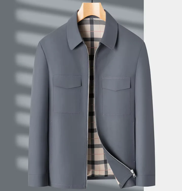 Men's slim fit jacket classic collar zipper flap pockets checkered lining urban casual style