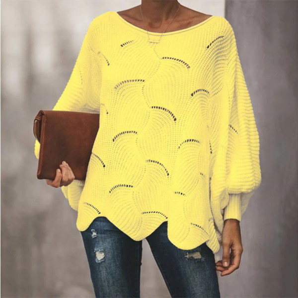 Women's wool blend knit sweater relaxed fit batwing sleeves scalloped hem cozy layering essential