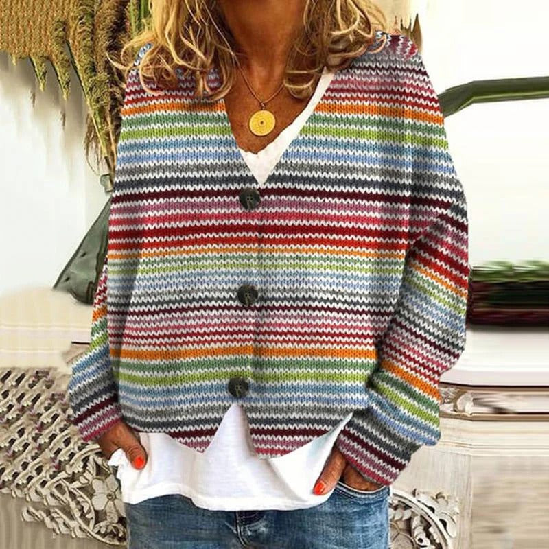 Women's relaxed fit knit cardigan with cozy wave pattern, button front closure, hip length silhouette
