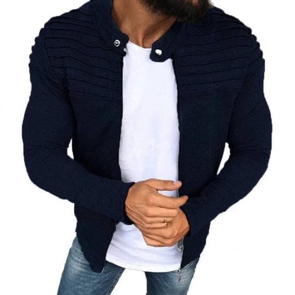Men's slim fit high collar zipper jacket in neutral tone with ribbed details, breathable cotton blend