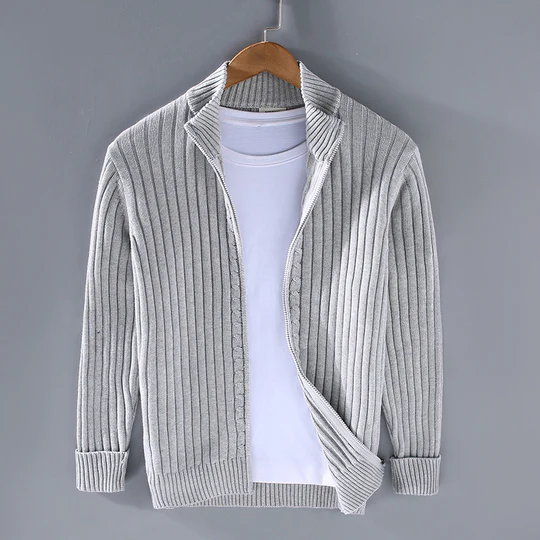 Men's slim fit ribbed knit zipper cardigan in neutral tone, versatile urban layering piece