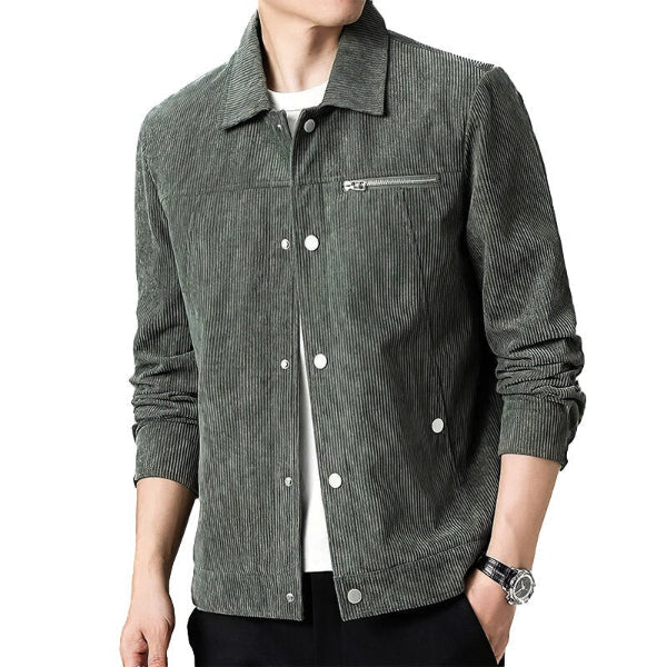 Men's brown corduroy regular fit casual jacket with zipper pocket and button closure