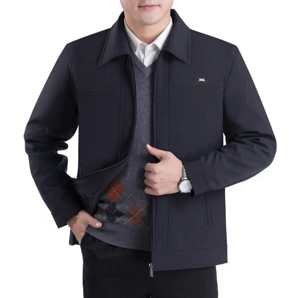 Men's regular fit notch lapel jacket zipper closure business casual smart everyday style