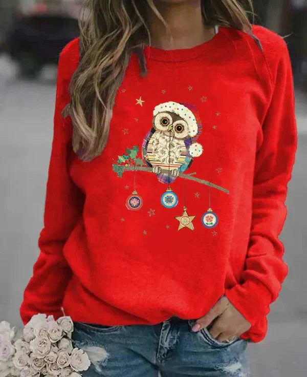 Women's Christmas sweatshirt relaxed fit soft cotton blend with charming owl motif cozy festive style
