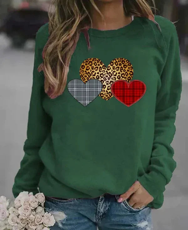 Women's loose fit cotton blend sweatshirt in neutral tone with playful center-front heart graphic print