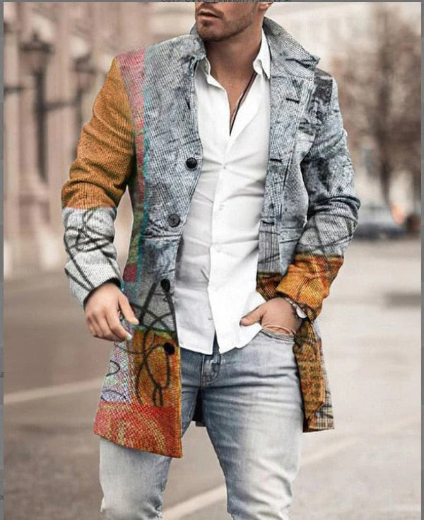 Men's mid-length wool checkered coat tailored fit button closure warm elegant silhouette