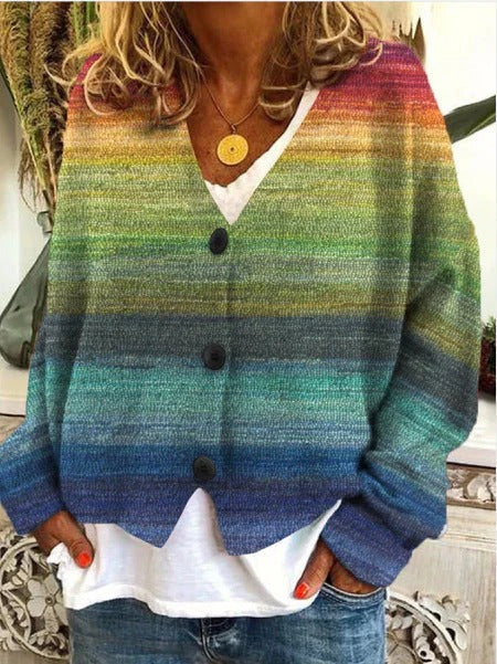 Women's relaxed-fit knit cardigan with wave pattern texture, button-front closure, hip-length silhouette
