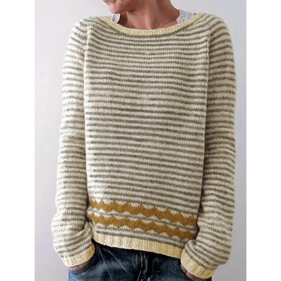 Women's wool blend striped pullover sweater relaxed fit long sleeve casual knit top
