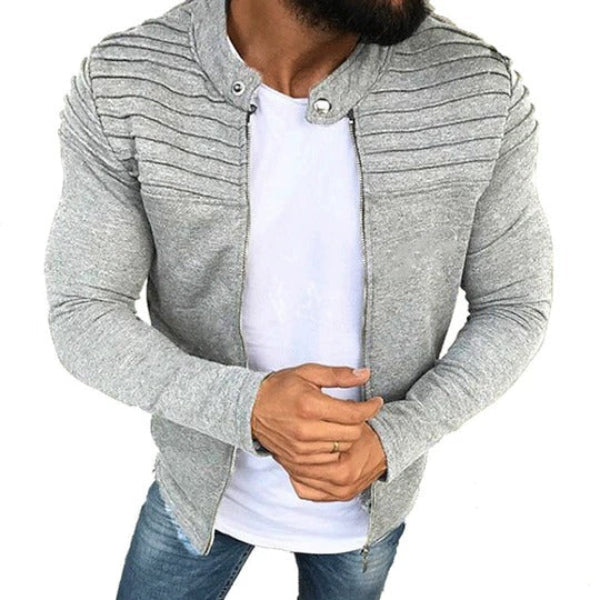 Men's slim fit high collar zipper jacket in cotton blend with ribbed details for urban style