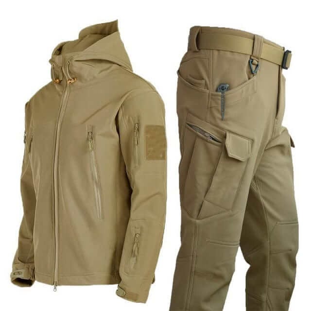 Men's weather-resistant hooded zip jacket and cargo pants outdoor set in technical silhouette